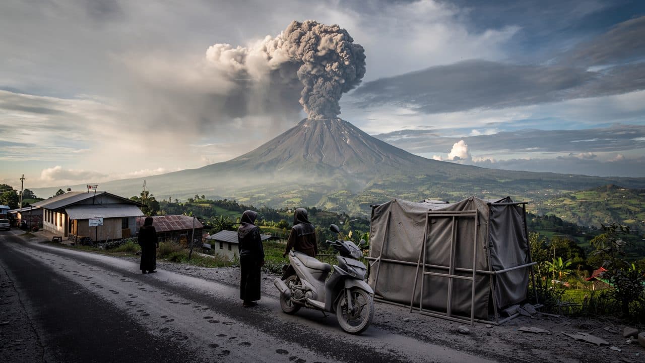 Il vulcano Sinabung a Sumatra emette una nube di cenere alta 3.500 metri