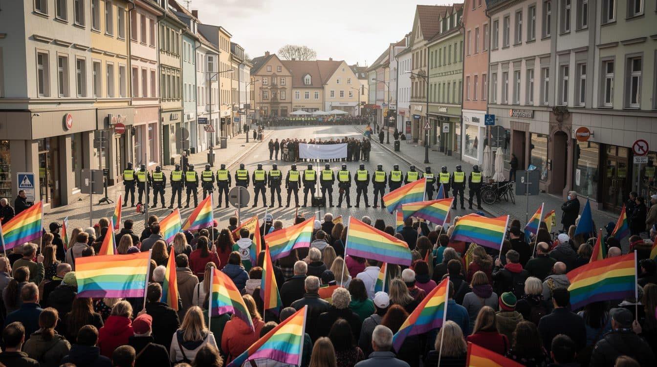 Il CSD a Eberswalde sfila per la città sotto rafforzata protezione della polizia – una contro-manifestazione di destra accompagna il corteo