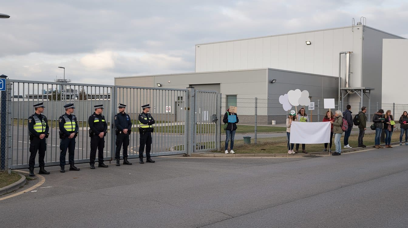 Corte tedesca vieta partenza della marcia per il clima davanti al cancello di una centrale a gas a Werne