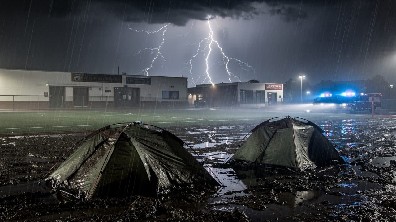 Fulmine si abbatte su un campo tenda a Rastatt: nove feriti dopo una forte tempesta in Baden-Württemberg