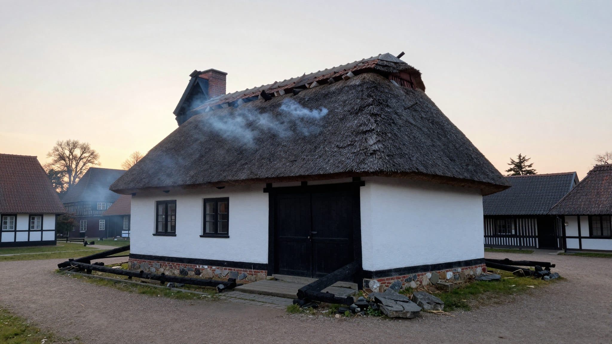 Storica casa col tetto di paglia nel museo all'aperto di Molfsee completamente distrutta da un incendio