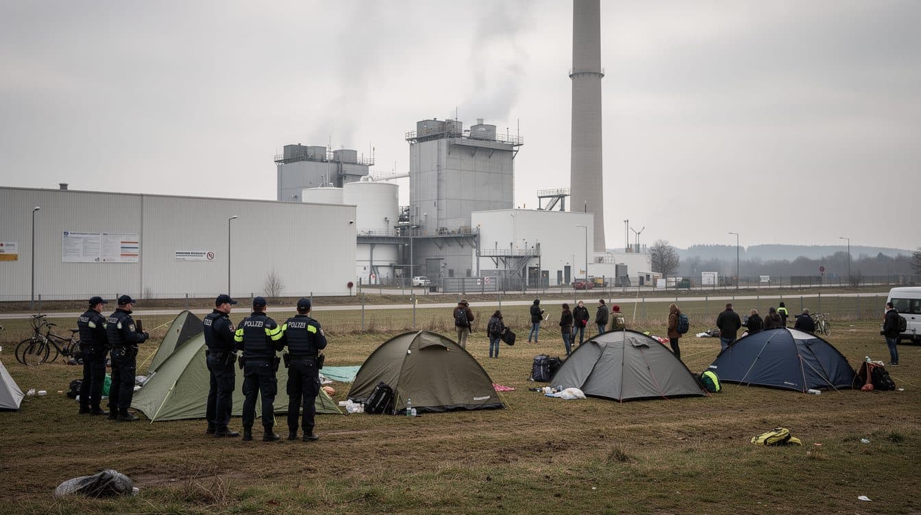 Corte tedesca vieta partenza della marcia per il clima davanti al cancello della centrale a gas di Werne