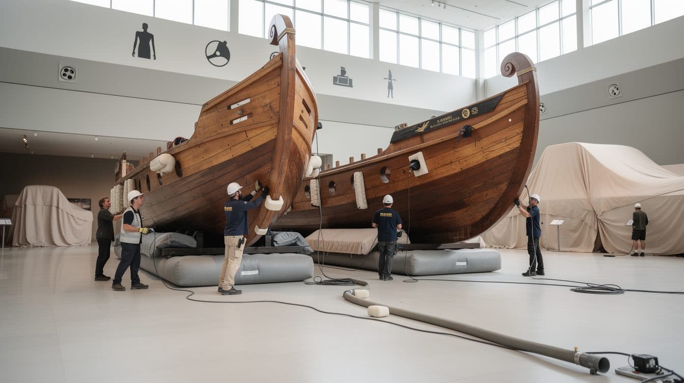 Ricostruzioni di navi romane trasferite al museo di Magonza con cuscinetti ad aria