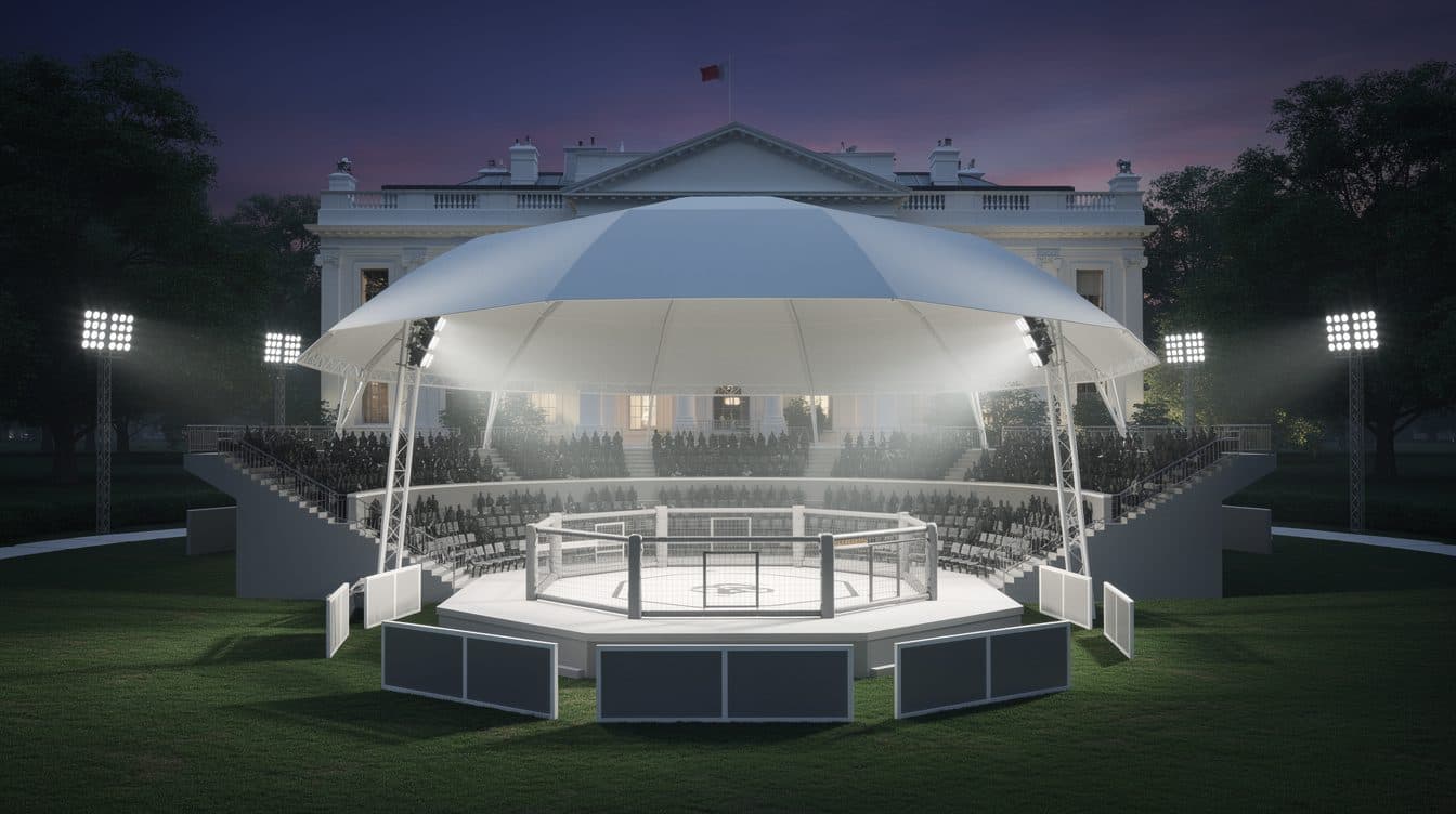 Combattimenti UFC in gabbia sul prato sud della Casa Bianca per il 80° compleanno di Trump