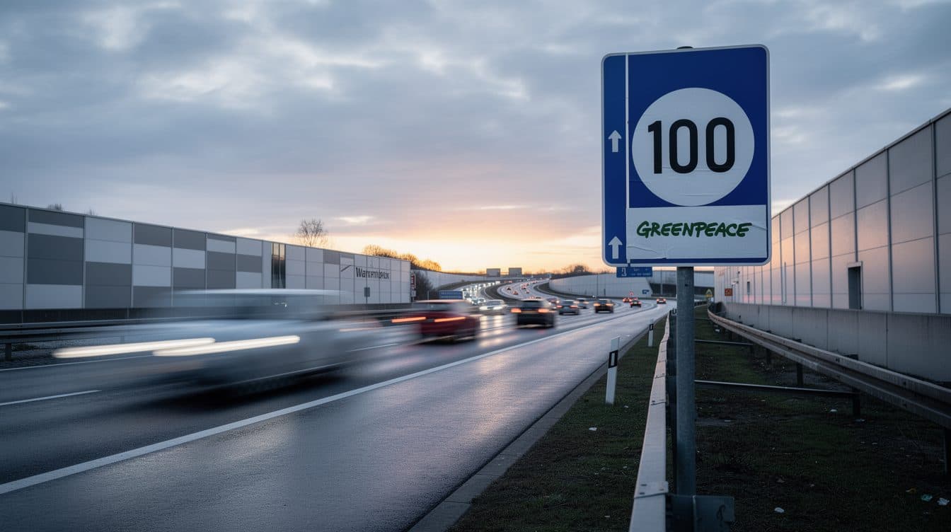 Attivisti di Greenpeace coprono con adesivi "100" i cartelli del limite di velocità sulle autostrade