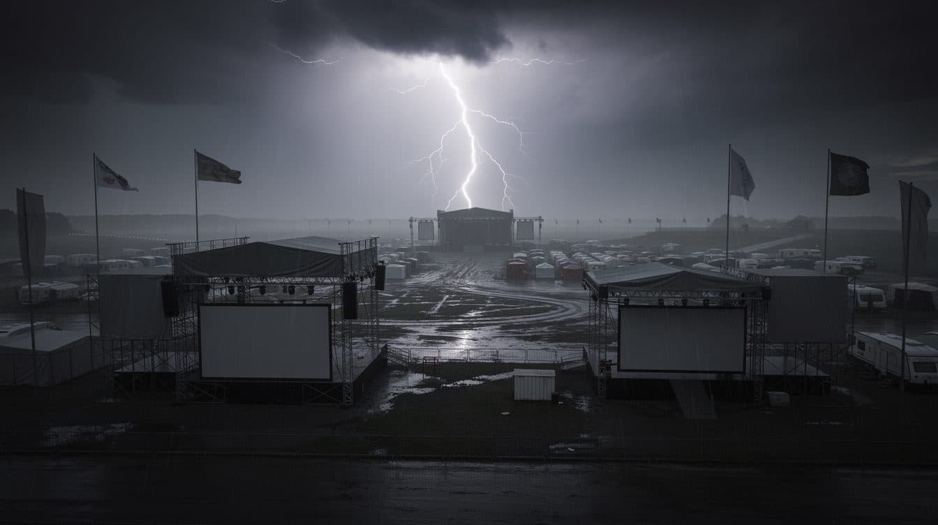Temporali e raffiche di vento sul terreno di Rock am Ring al Nürburgring