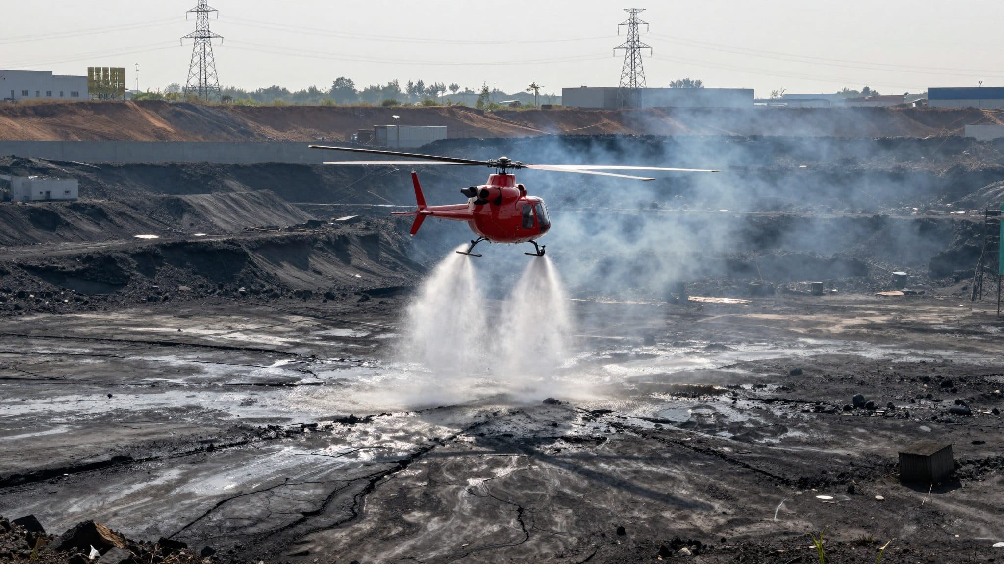 Eliambulanza aerea combatte un incendio sotterraneo su un'ex area mineraria a cielo aperto vicino a Meuselwitz