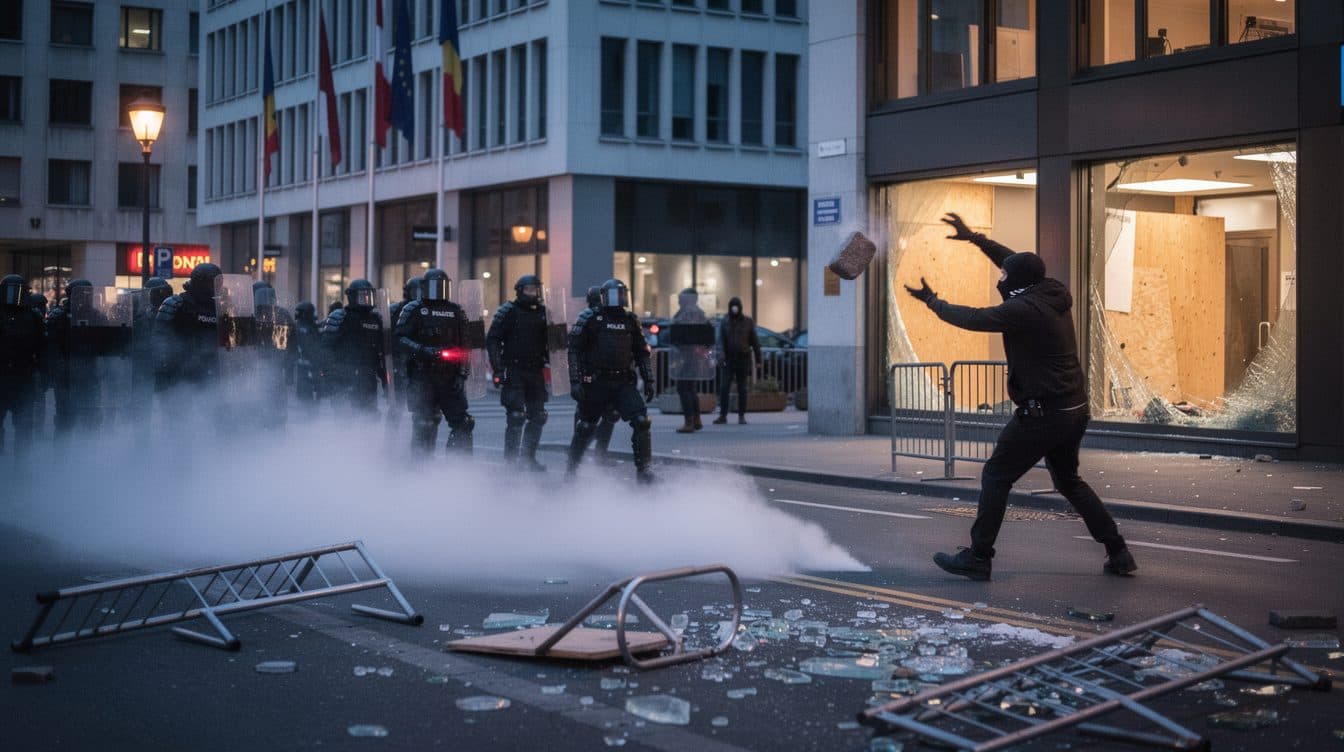 La protesta contro il vertice del G7 a Ginevra degenera: manifestanti incappucciati lanciano sampietrini, la polizia risponde con il gas lacrimogeno