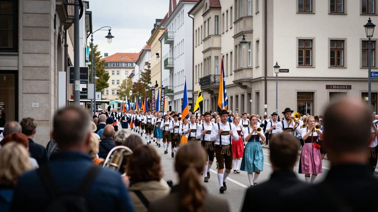 Migliaia in costume tradizionale sfilano per Monaco verso la Wiesn durante la sfilata dei costumi e degli Schützen