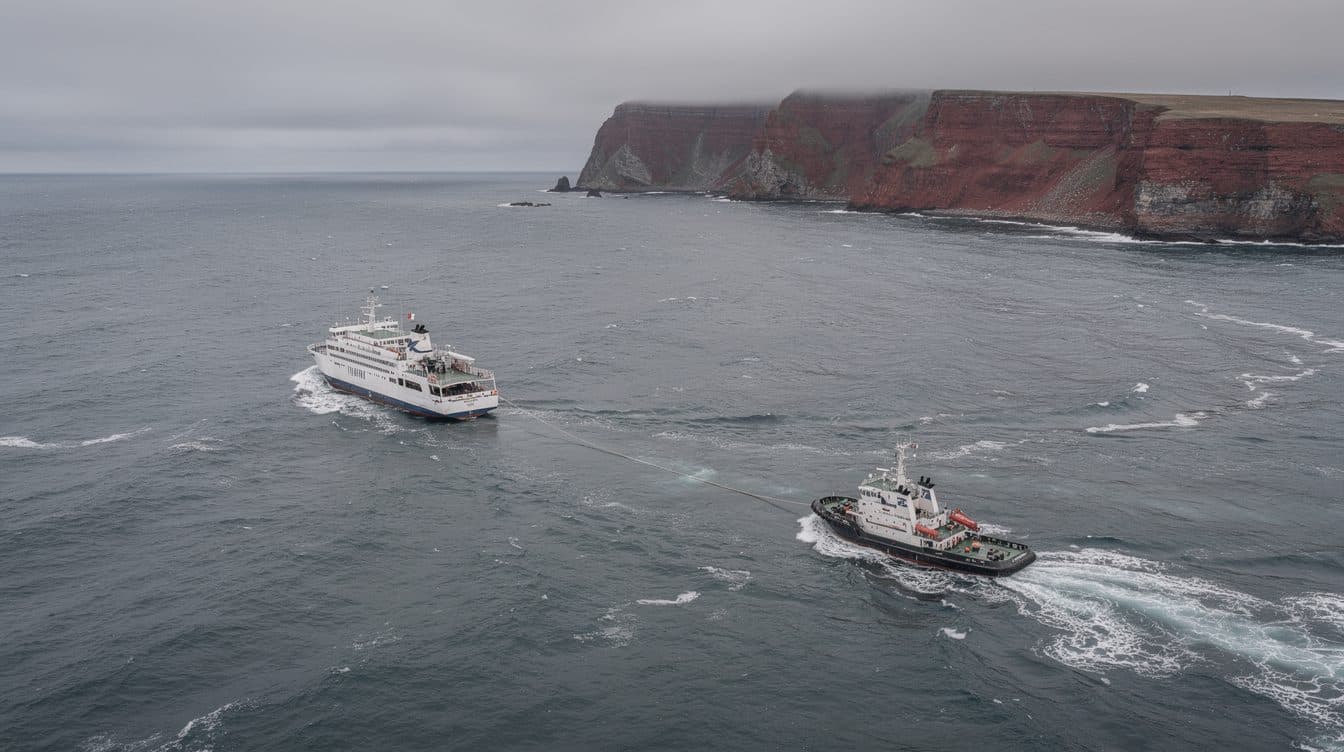 Il traghetto per Helgoland „Funny Girl" alla deriva in avaria nel Mare del Nord, rimorchiato verso Cuxhaven