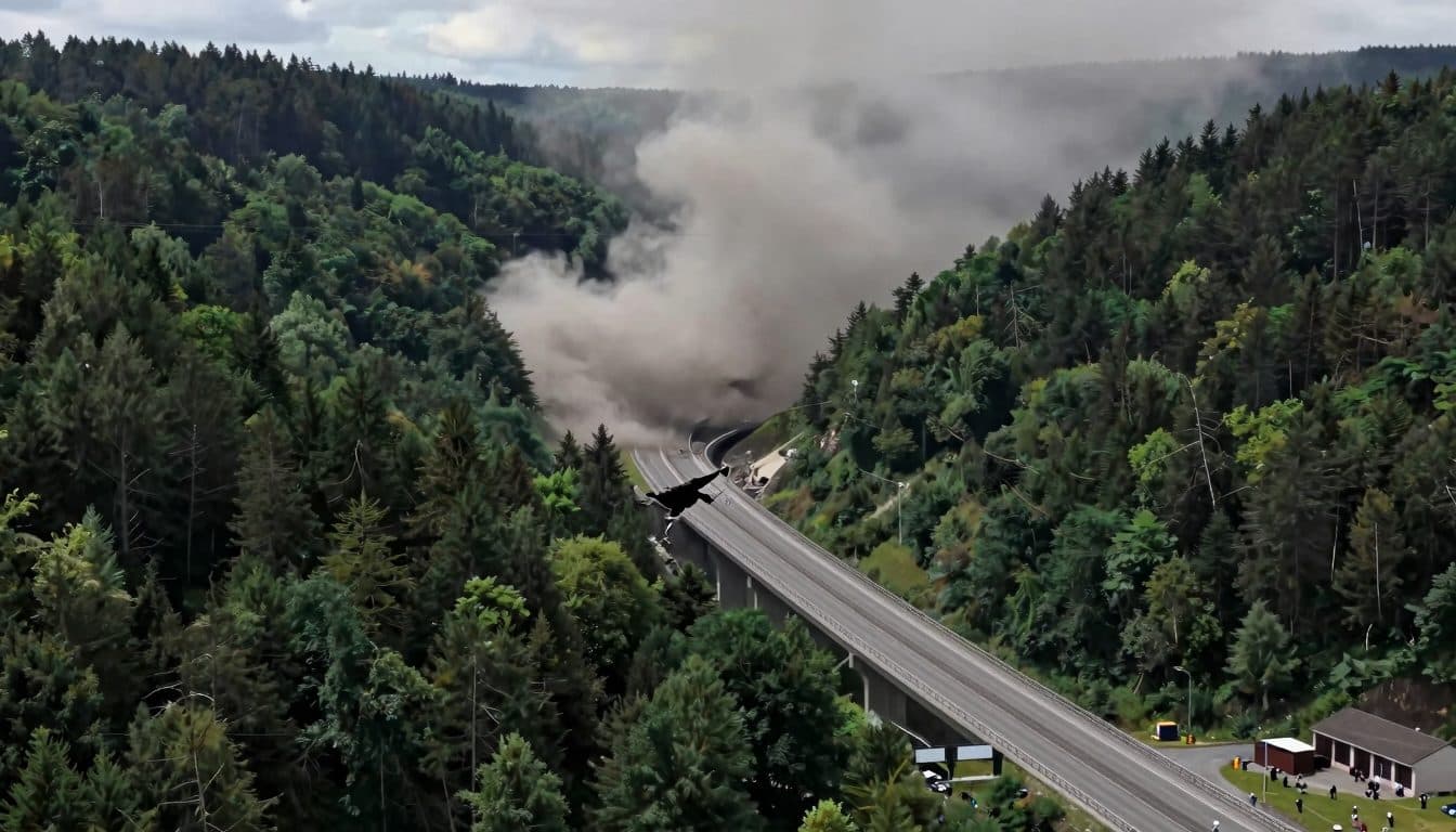 Viadotto Ottfingen sull'A45 fatto crollare in modo controllato dopo il fallimento della prima detonazione