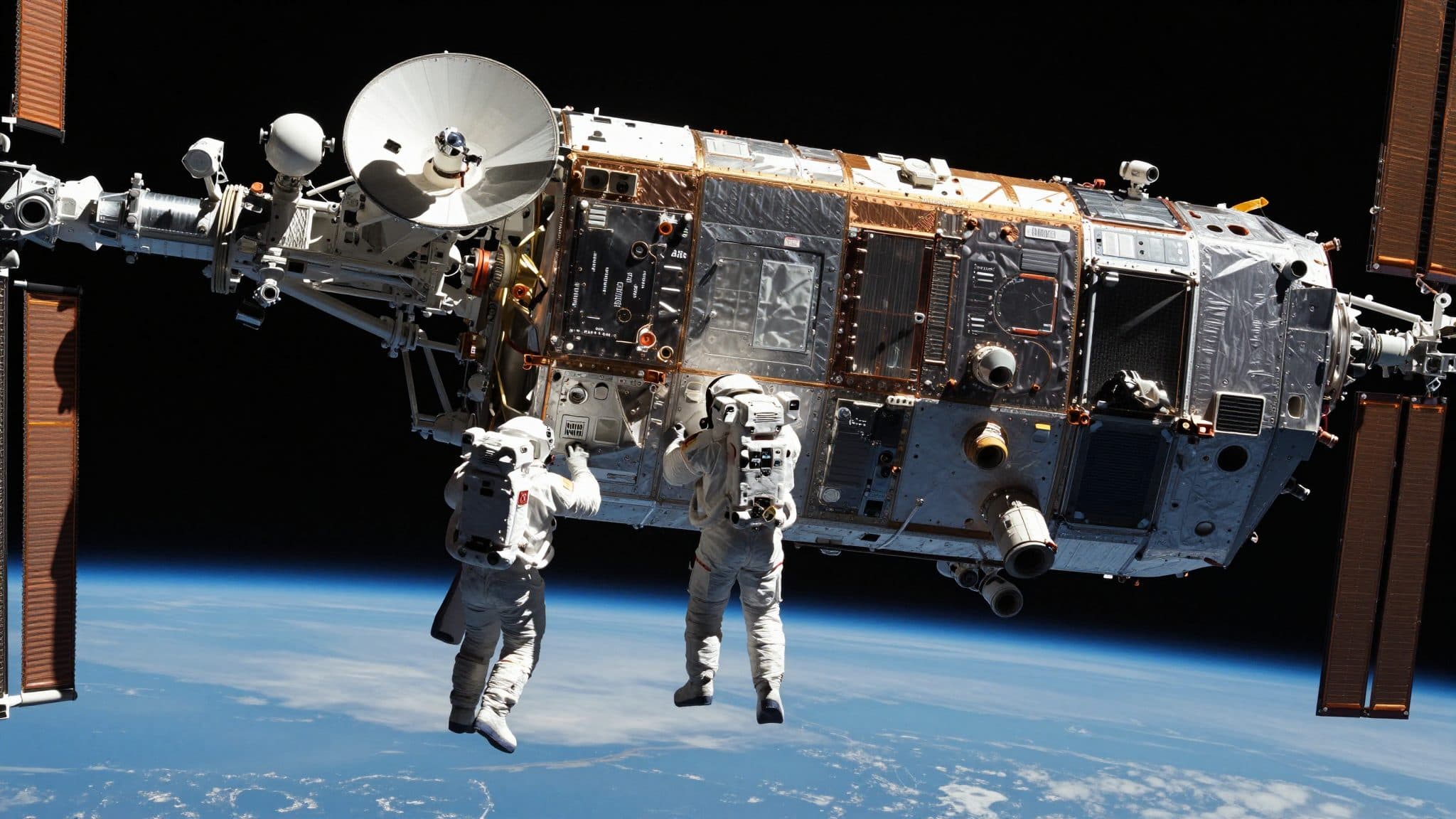 Due astronauti montano una nuova antenna durante un'attività extraveicolare sulla ISS