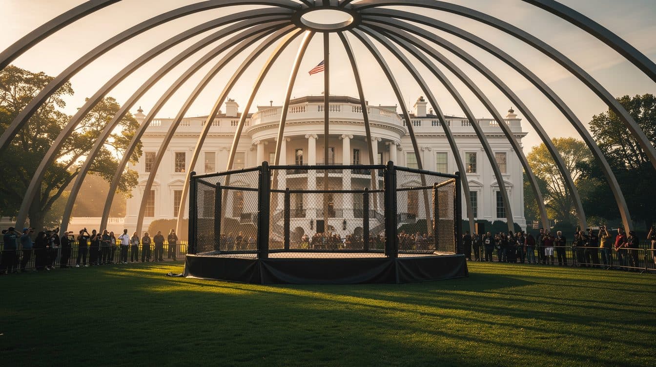 Combattimento UFC in gabbia sul prato della Casa Bianca per l'80° compleanno di Trump