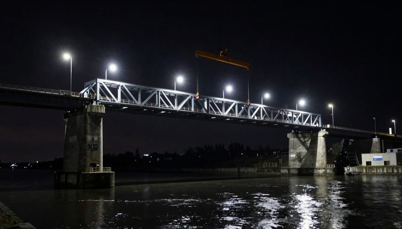 La sezione centrale del nuovo ponte alto di Rade viene sollevata sopra il canale Kiel